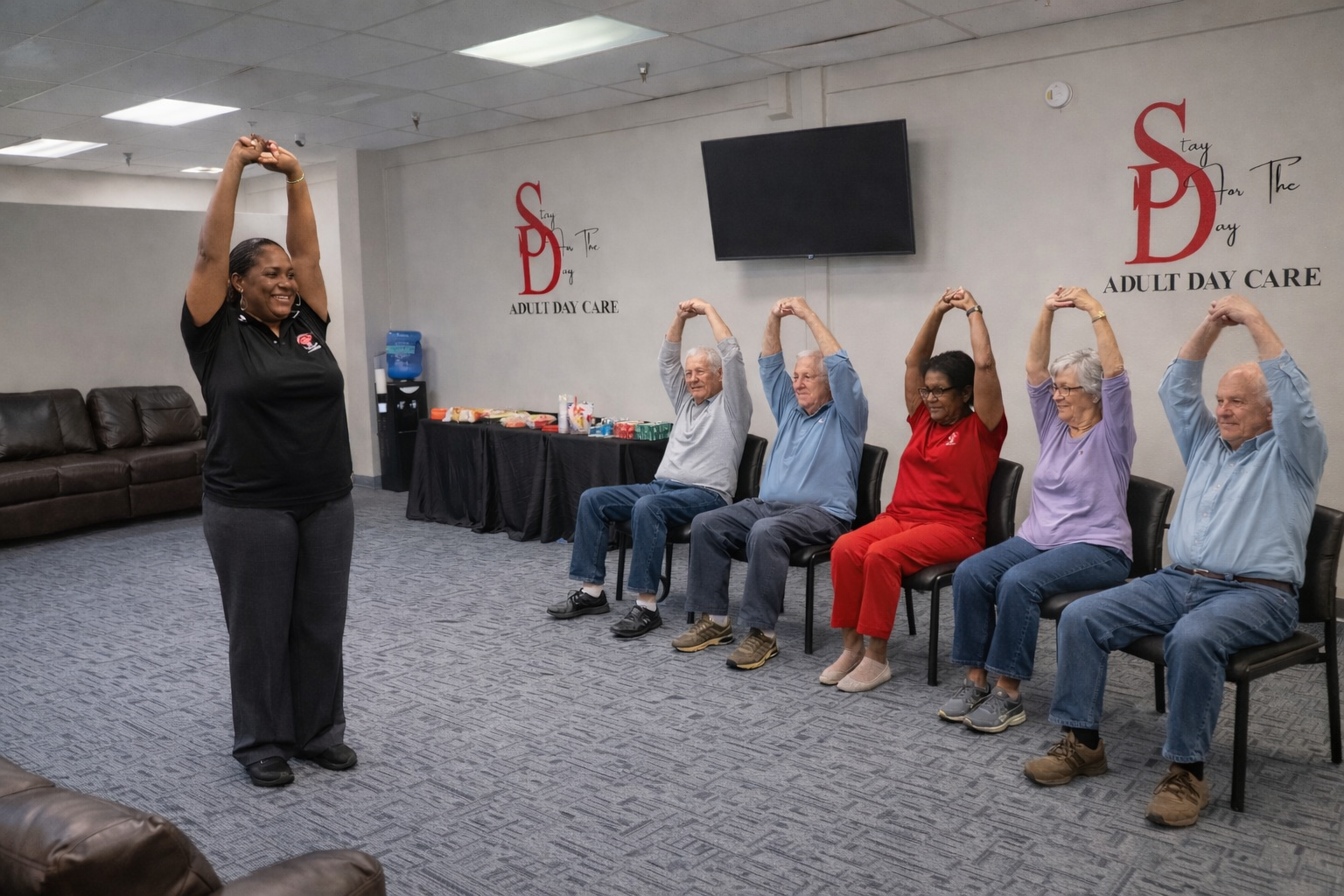 Staff leading seated exercise with seniors